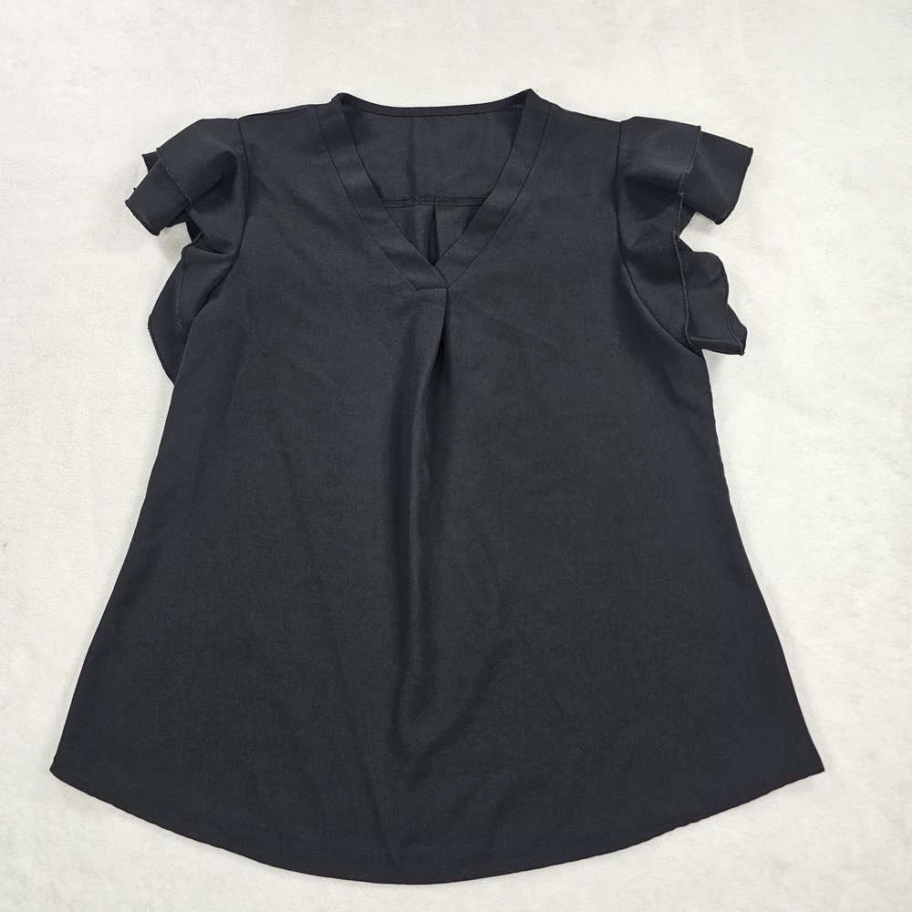Womens Black Flutter Sleeve V-Neck Pleated Blouse Size Medium Ruffle Top